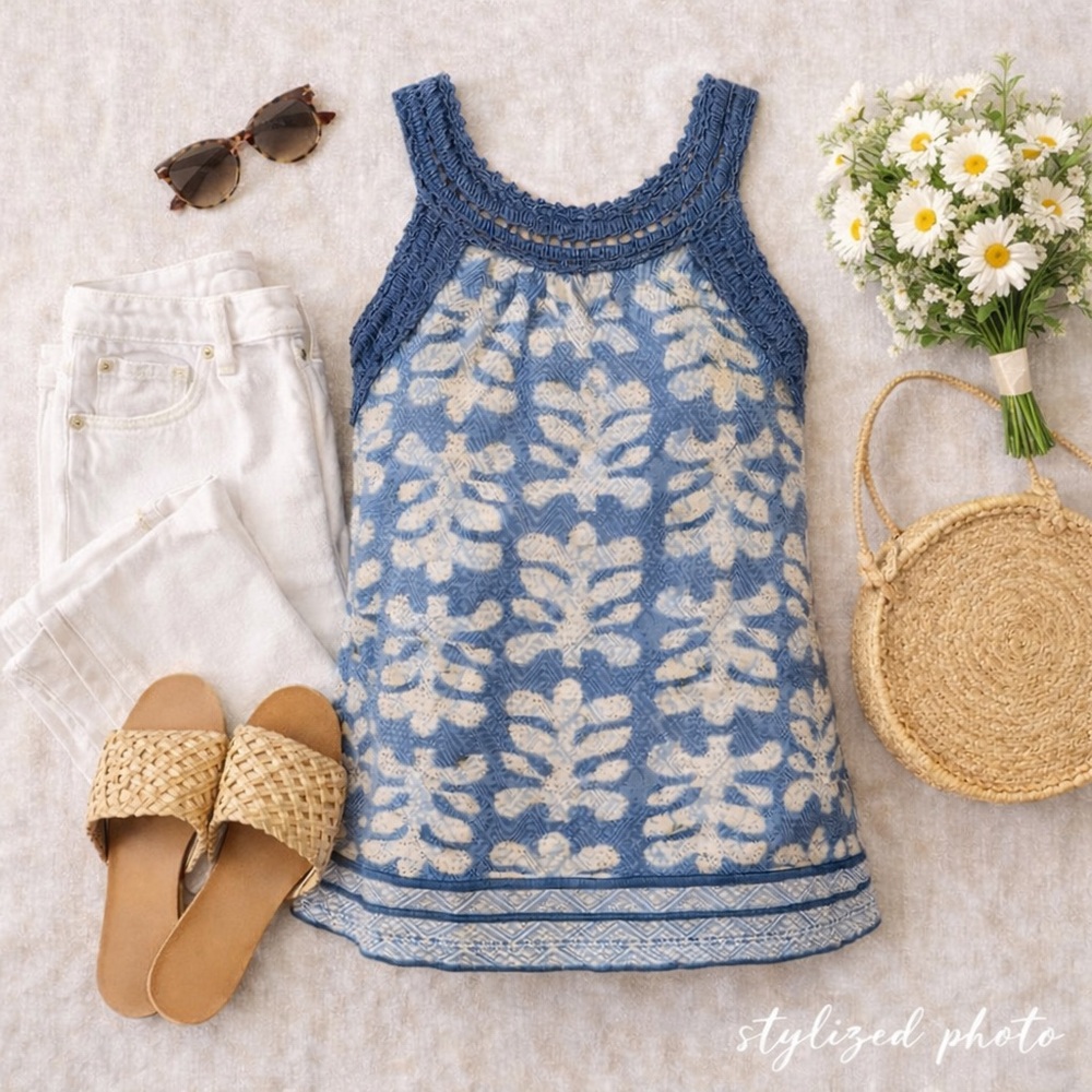 Lucky Brand Blue Crochet Neck Tank XS Boho Floral Summer Top